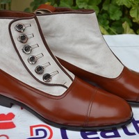 Brown Leather and White Suede Button Ankle High Boot - Thumbnail 1