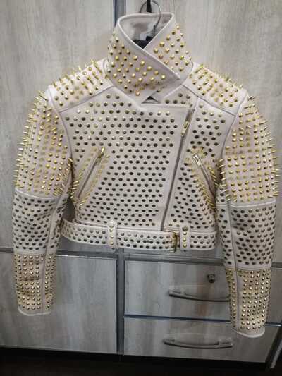 White Color Golden Spiked Studded Punk Style Women Genuine Elegant Leather Jacket 
