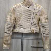 White Color Golden Spiked Studded Punk Style Women Genuine Elegant Leather Jacket  - Thumbnail 1