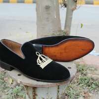 Handmade Black Velvet Loafers Formal Men's Dress Shoes - Thumbnail 1
