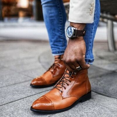 Men's handmade brown cap toe style handmade dress boot - Thumbnail 2