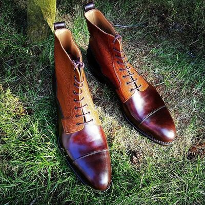 Handmade men genuine ankle high fashion dress lace up boot - Thumbnail 4