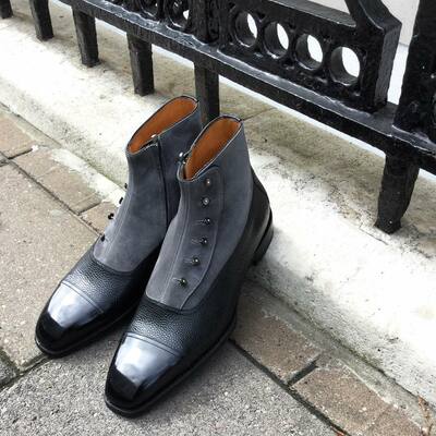 The bespoke men button black calf black grain and grey suede dress balmoral boot - Thumbnail 2