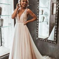 Light Champagne Lace and Tulle Boho Wedding Dress,564 - Thumbnail 1