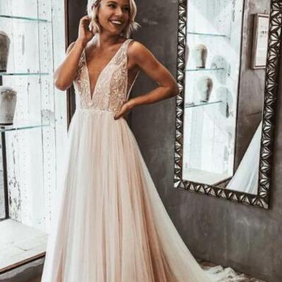 Light champagne lace and tulle boho wedding dress,564