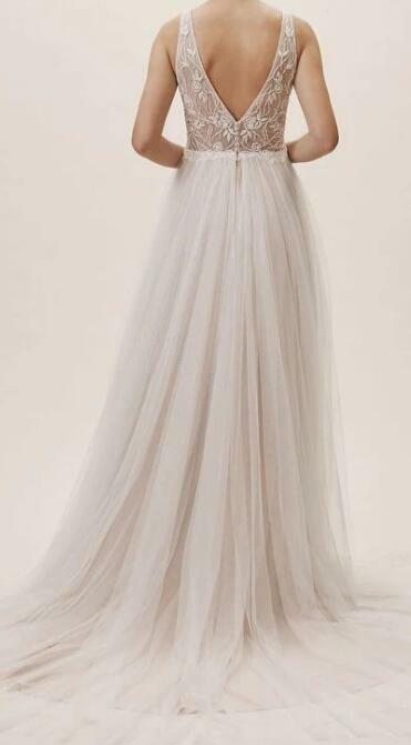 Light Champagne Lace and Tulle Boho Wedding Dress,564