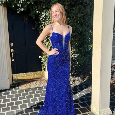 Charming straps royal blue sequins long prom dresses - Thumbnail 2