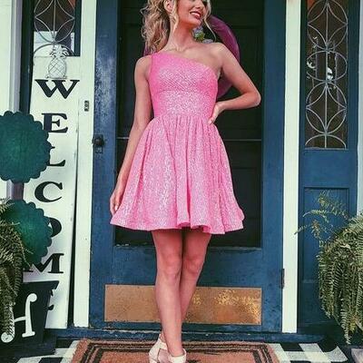Hot pink a line one shoulder sequins short homecoming dresses - Thumbnail 2