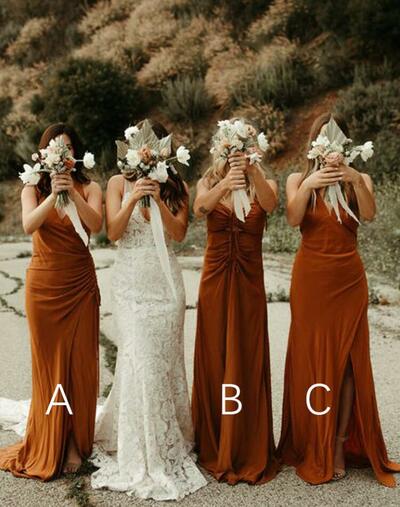 A Line V Neck Orange Chiffon Long Bridesmaid Dresses