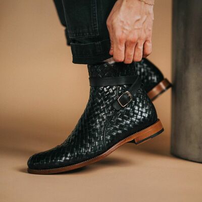 Handmade mens dylan black woven leather ankle high monk boot - Thumbnail 3