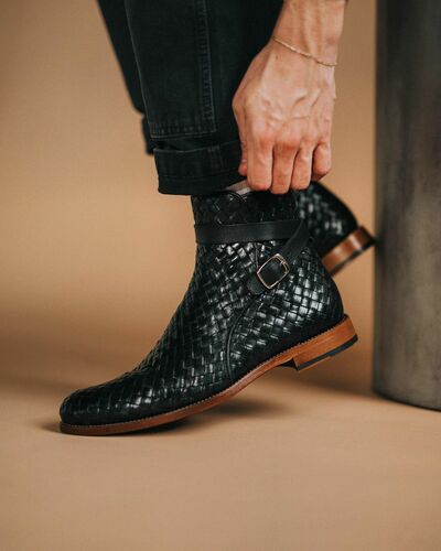 Handmade Mens Dylan Black Woven Leather Ankle High Monk Boot