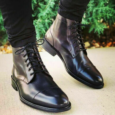 Handmade men black cap toe leather ankle high lace up boot - Thumbnail 3