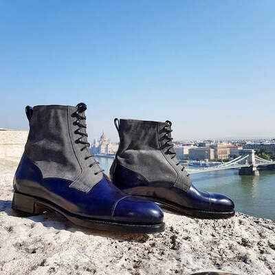 Handmade men's blue calf / grey suede leather ankle high lace up boots - Thumbnail 5