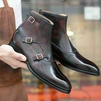 Men's Handmade Dark Brown Triple Monk Leather Ankle High Boot - Thumbnail 1