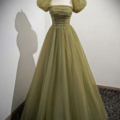 A line tulle sequin green tulle formal dress