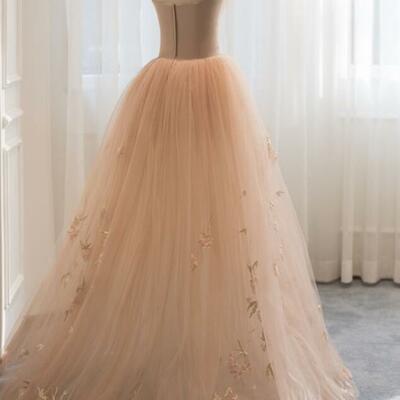 Prom dresses,champagne lace sweetheart tulle a-line long formal dress