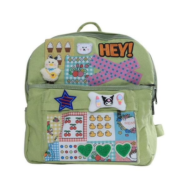  Y2K Sticker cute backpack solid bones campus light green school bag