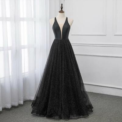 Sexy black deep v neck long prom dresses backless tulle formal party dress