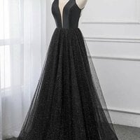 Sexy Black Deep V Neck Long Prom Dresses Backless Tulle Formal Party Dress - Thumbnail 1