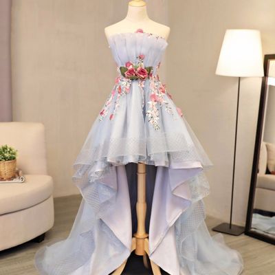 Sky blue tulle strapless high low flower applique back to school dress, party dress - Thumbnail 2