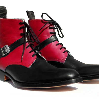 Red black high ankle lace up rounded buckle strap genuine leather handmade men boots - Thumbnail 1