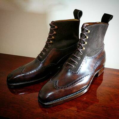 Two tone brown suede ankle high lace up boot - Thumbnail 3