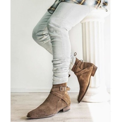 Handmade men tan beige suede boots, dress jodhpur style boots, monk strap - Thumbnail 4