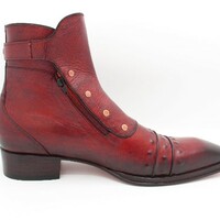 Men's Plum Calfskin Leather Buckle Ankle High Boot with Zipper and Button - Thumbnail 1