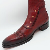 Men's Plum Calfskin Leather Buckle Ankle High Boot with Zipper and Button - Thumbnail 2