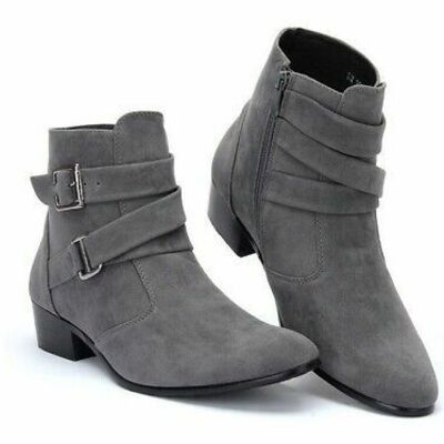 Suede leather gray pointed toe high ankle men rounded buckle straps jodhpur boot
