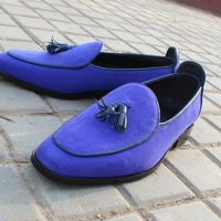 Blue Suede Leather Tassel Men Loafers Dress Shoes - Thumbnail 2