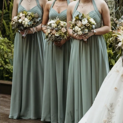 Halter bridesmaid dresses sage green chiffon - Thumbnail 1