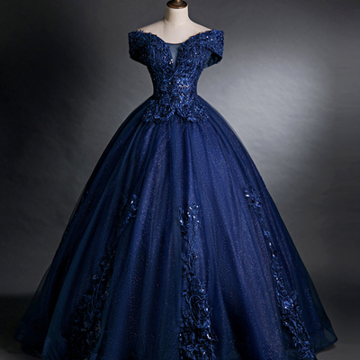 Blue tulle lace long prom dress, blue v-neck evening party dress - Thumbnail 1