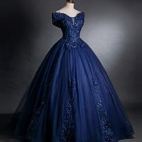 Blue Tulle Lace Long Prom Dress, Blue V-Neck Evening Party Dress - Thumbnail 1