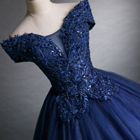 Blue Tulle Lace Long Prom Dress, Blue V-Neck Evening Party Dress - Thumbnail 2