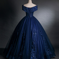 Blue Tulle Lace Long Prom Dress, Blue V-Neck Evening Party Dress - Thumbnail 4