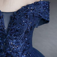 Blue Tulle Lace Long Prom Dress, Blue V-Neck Evening Party Dress - Thumbnail 3