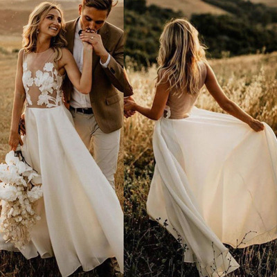 Sheer Neck Wedding Dresses Bridal Gown with Lace 