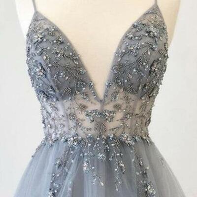 Spghetti straps gray tulle evening gowns