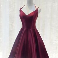 Straps V-neckline Burgundy Short Party Dress - Thumbnail 1