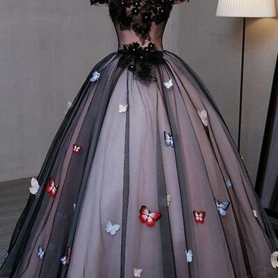 Princess black tulle off shoulder long evening dress with appliqués