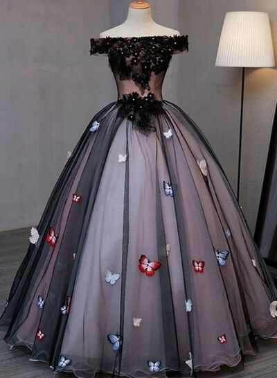Princess Black Tulle Off Shoulder Long Evening Dress With Appliqués