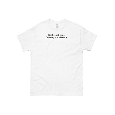 Books not guns culture not violence t-shirt in white