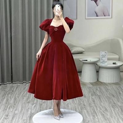 Burgundy velvet short prom dress, a-line short sleeve evening party dress - Thumbnail 2