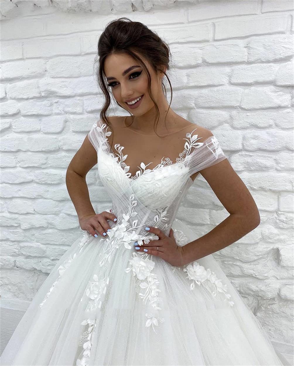 Off the Shoulder White Tulle Wedding Dress with Appliques LBQW0053