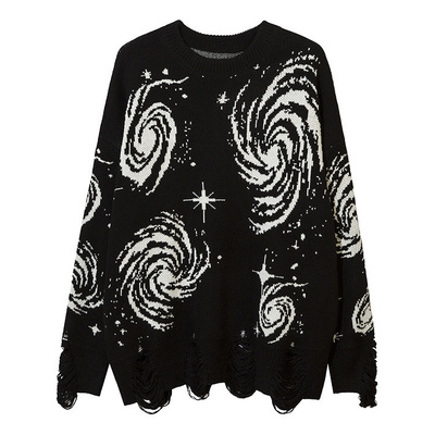 Y2k vintage pleated vortex knit, cosmic galaxy print loose ripped sweater