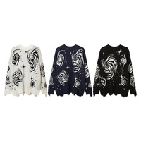 Y2K vintage pleated vortex knit, cosmic galaxy print loose ripped sweater - Thumbnail 1