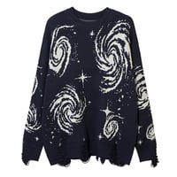 Y2K vintage pleated vortex knit, cosmic galaxy print loose ripped sweater - Thumbnail 7