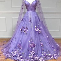 Lavender 3D Floral Lace A Line Sleeves Long Prom Dresses,BD2310001 - Thumbnail 3