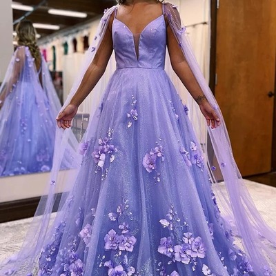 Lavender 3d floral lace a line sleeves long prom dresses,bd2310001